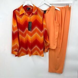 Marlon 3 pcs Pants Set Button Up Top Tank & Pants Oversized Flowy Orange Large